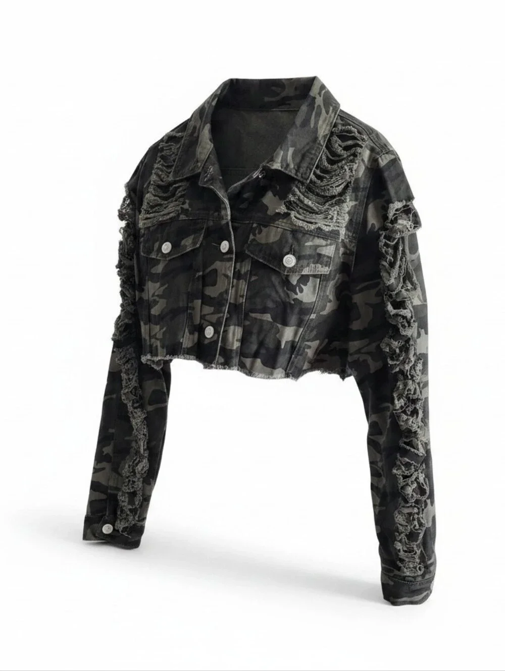 Shein Curve Women's 2XL Camouflage Jacket Green Cropped Front Frayed Distressed.